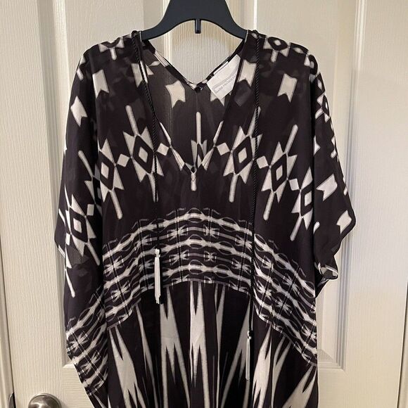 Marie France Van Damme Ethnic Printed Silk Short Boubou Caftan Black White OS - Picture 2 of 16